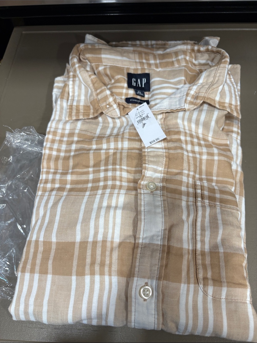 GAP Beige and White Plaid Casual Button-Down Shirt